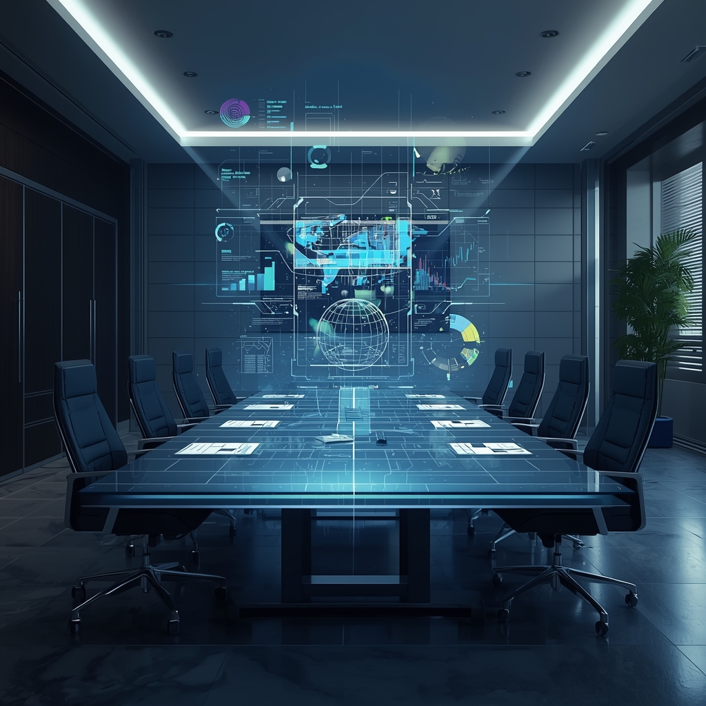 A high resolution digital painting of a modern minimalist corporate boardroom with interactive holographic data displays projecting high-tech business strategies over a sleek glass table, cinematic lighting, futuristic premium aesthetic, no woman